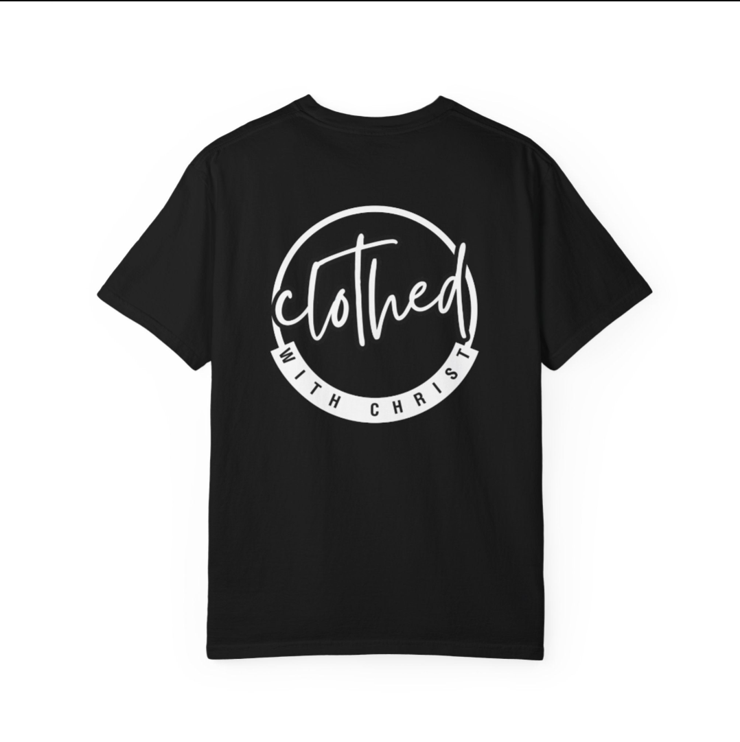 Back of a black tee with the Clothed with Christ logo printed in white