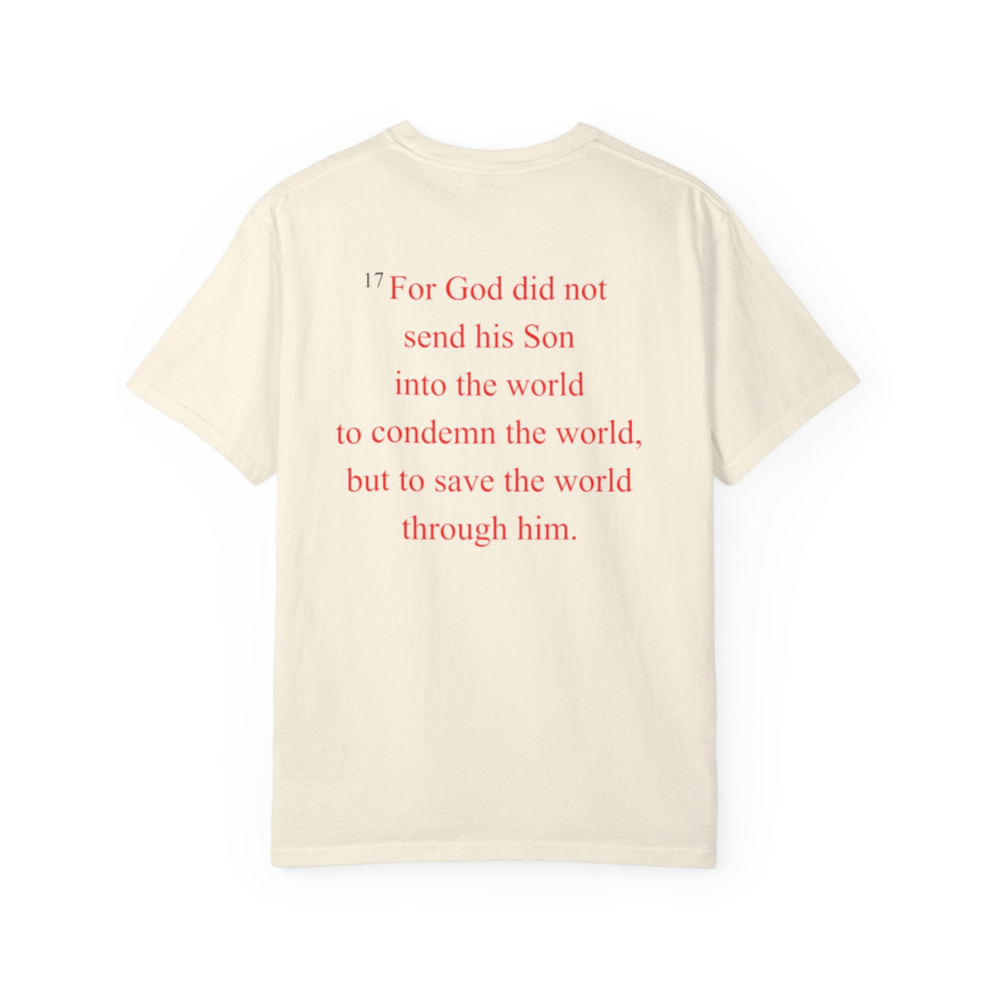 John 3:17 tee — cream shirt with the verse printed in red on the back