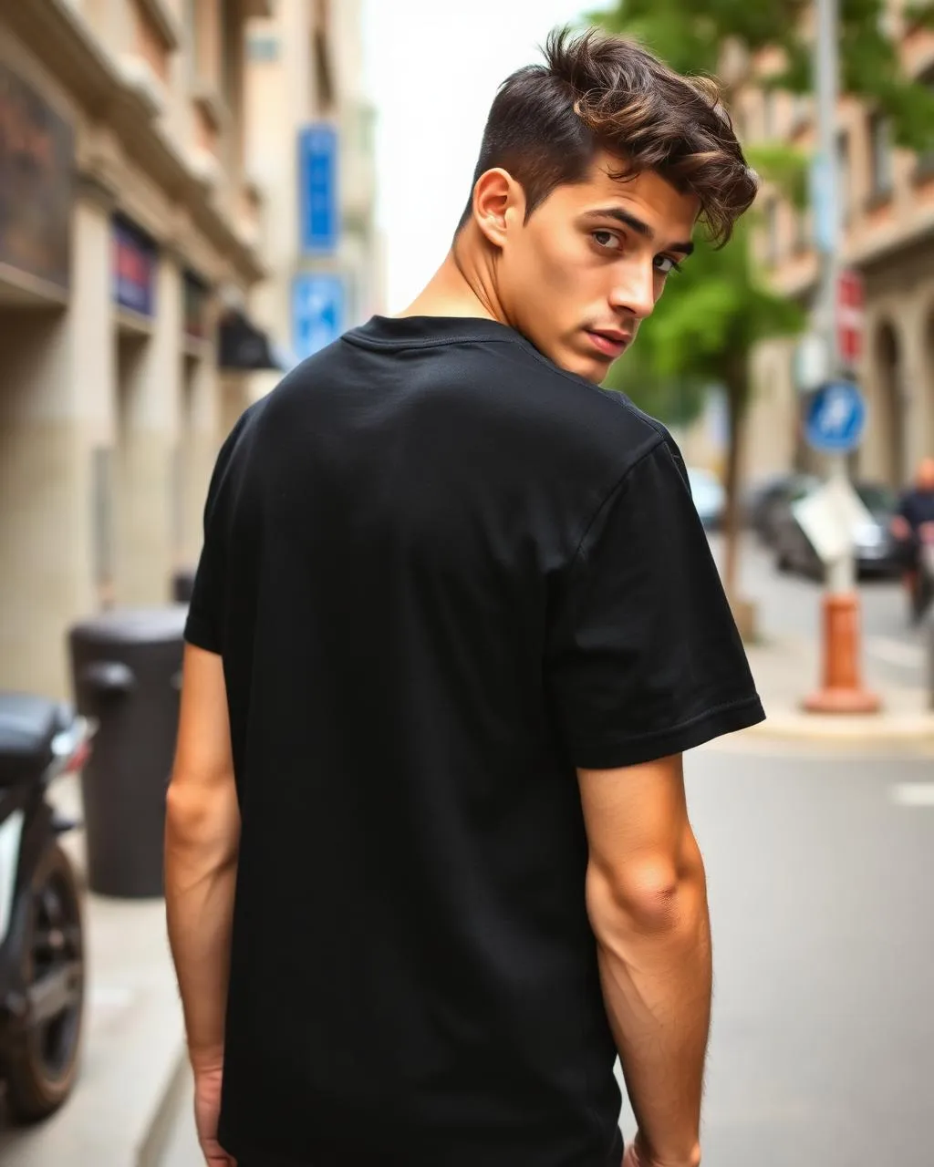 Man wearing a black tee on a city street