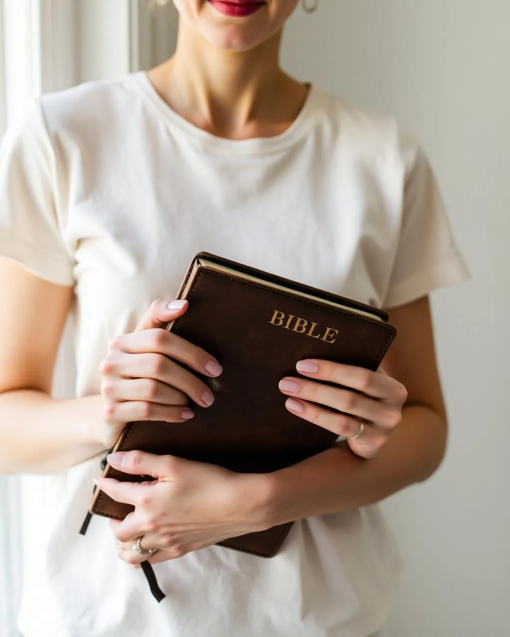 Woman in a cream tee holding a Bible